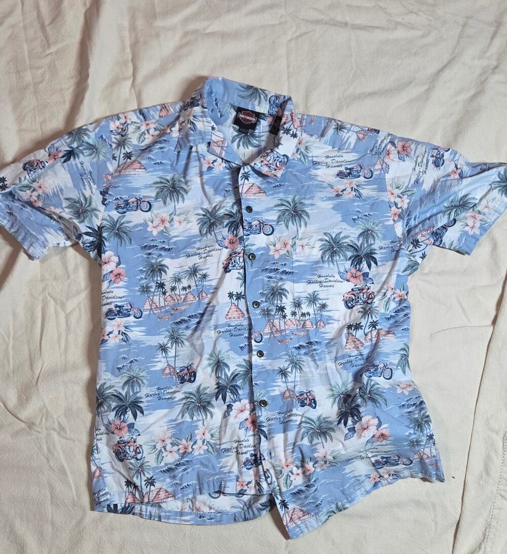 Vintage Harley-Davidson Honolulu Hawaii Aloha Shirt - Made In Hawaii Large Blue